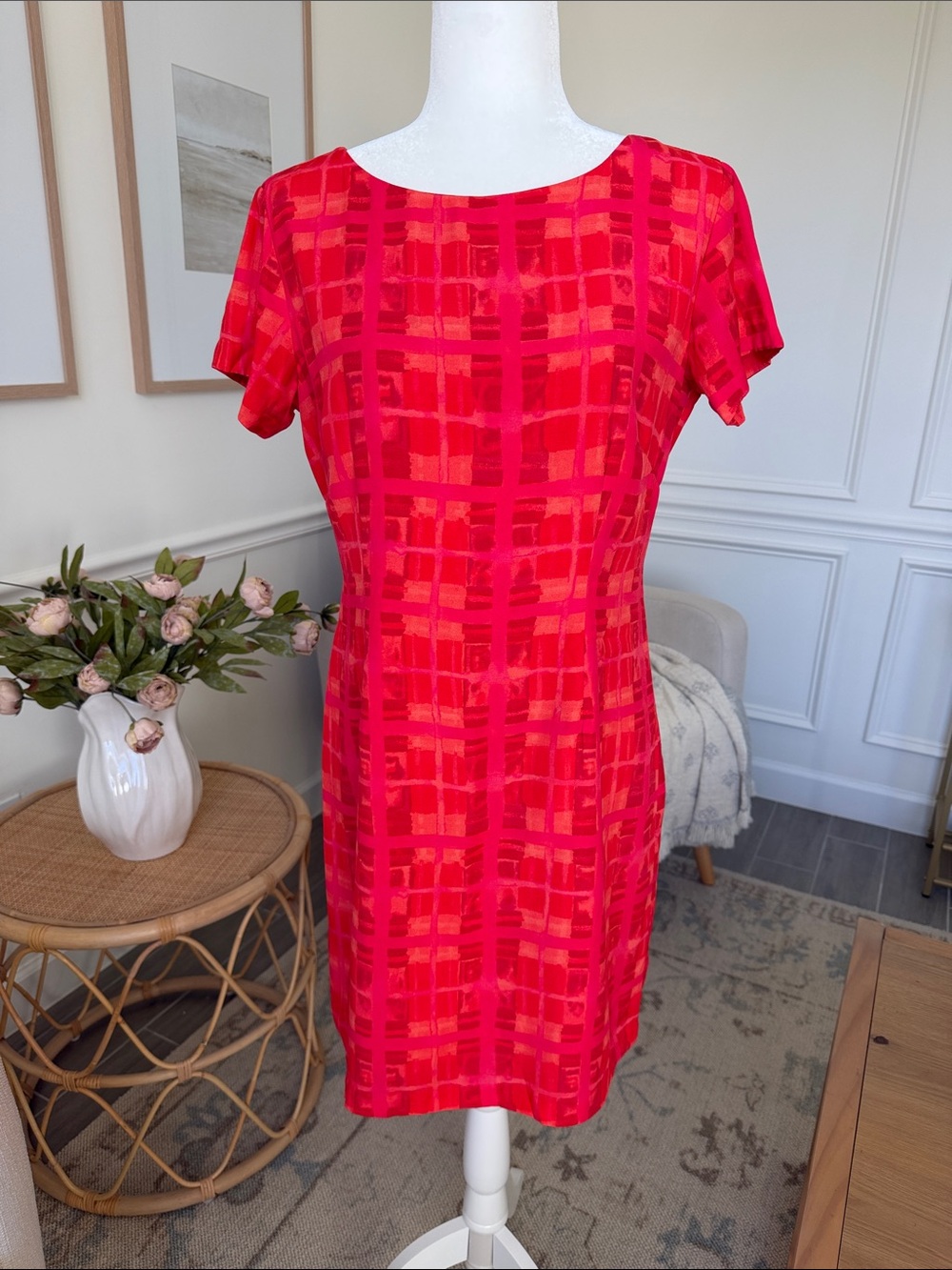 Vintage 90s Y2K Artsy Tomato Red Rayon Italian Summer Resort Dress Size 8 - Picture 2 of 13